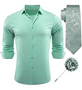 Barry.Wang Men's Long Sleeve Dress Shirt with Matching Tie and Brooch Set Classic Button Down For...