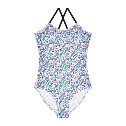 senya Girls Swimsuits One-Piece Swimwear Tie Bathing Suit Beach Summer Round Neck 9-10T Bird Flower Pattern