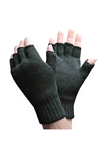 HEAT HOLDERS - Mens Fleece Lined Winter Knitted Thermal Fingerless Gloves (One Size, Khaki Green)