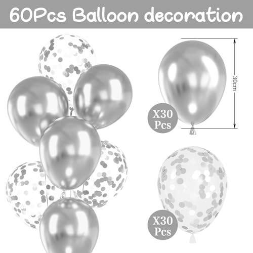 Balony metaliczne srebrne, 60 sztuk balonów z helem, srebrne konfetti, Nowy Rok, srebrne balony lateksowe, 30 cm, balony imprezowe na Sylwestra, wesele, urodziny, Walentynki, rocznicę