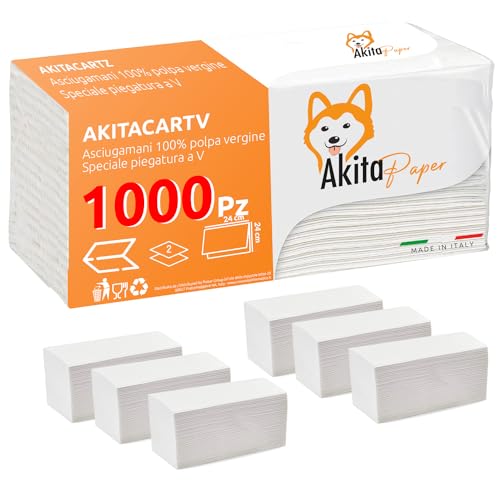 AkitaINK - Confezione da 1000 Asciugamani Monouso Piegati a C o a V per Dispenser - 5 Pacchetti da 200 Asciugamani Carta 2 veli, Realizzati al 100% in Cellulosa - Made in Italy