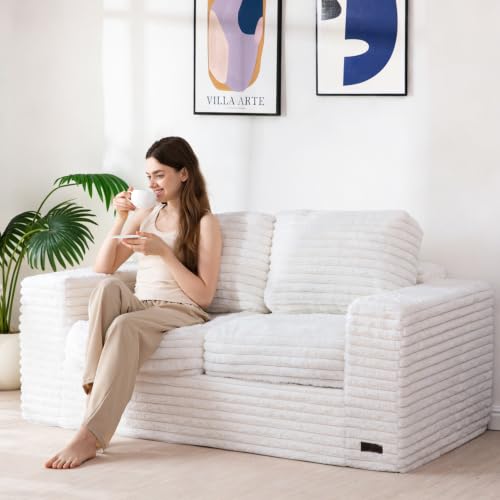 Image of MAXYOYO Loveseat Sofa Couch, Upholstered Bean Bag Chair Cloud Seat for Adults, Boneless Couch with Cushion & Pillows, Sofa in A Box, No Assembly Required, Faux Fur Beige