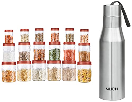 MILTON Vitro Plastic Jar Set, 18- Pieces, Transparent & Milton Super 1000 Single Wall Stainless Steel Bottle, 1000 ml, Silver