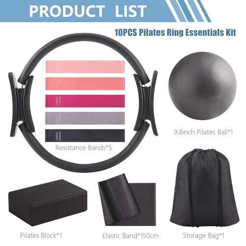 Daywhote 10 Pcs Black Home Pilates Essential Kit Workouts Fitness Mini Ball Womens Pilates Set Beginners Yoga Magic Circle by Daywhote - Image 2