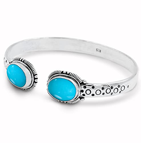 Unisex Arizona 2 Stone Turquoise Bracelet ｜ Turquoise 925 Sterling Silver ｜ Great Gift Idea Handmade Cuff Turquoise Jewelry For Men/Women ｜December Birthstone Bangle｜Kaizen Healing Jewelry(7") #TOP4