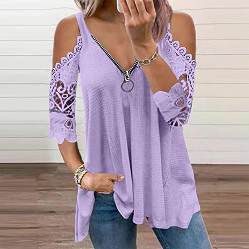 Blusa feminina casual de renda com ombro vazado, gola V, de algodão, com zíper, grande, para outono,