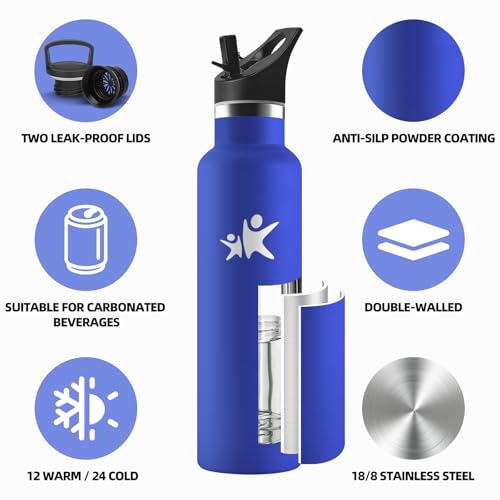 750ml BPA-Free Drinking Bottle - Insulated Stainless Steel Water Bottle with Straw and 2 Lids for Camping, Gym, and Office - Royal Blue - Image 2