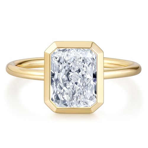 Kstyle Jewelry Radiant Cut Moissanite Engagement Ring for Women 3CT, Bezel Set Solitaire Ring, 925 Sterling Silver 14K Gold Plated, D Color VVS1 Diamond Alternative Promise Wedding Ring by Kstyle Jewelry - Used condition - US$85.53