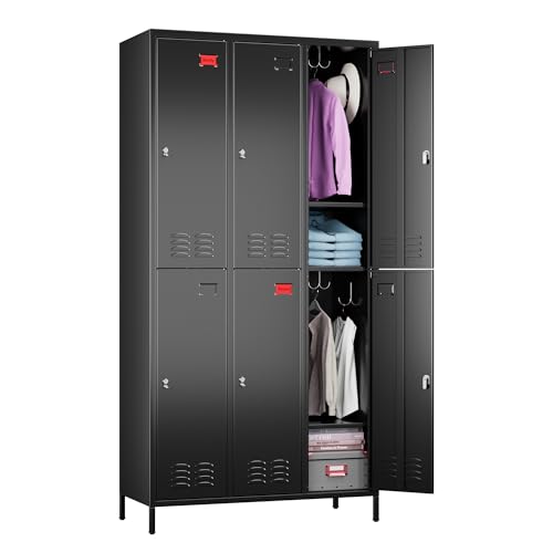 Aobabo Upgraded Metal Storage Locker for Employees, 6 Doors Metal Lockers Cabinet with Lock and Name Card Slot, Industrial Storage with 18 Hooks, for Office Gym, Assembly Required, Black