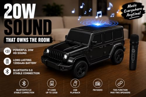 Image of Thar Adventure Edition Car Shaped Bluetooth Speaker with Wired Microphone, 20W Wireless Portable Karaoke Speaker, Bluetooth 5.0, HD Stereo Sound, Rechargeable Music Speaker