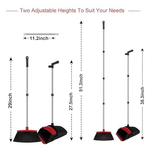 Image of Broom and Dustpan Set for Household, Red Broom with Dustpan Combo Set, 51 inch Long Handle Dust pan Set for Dog Cat and Hair Clean