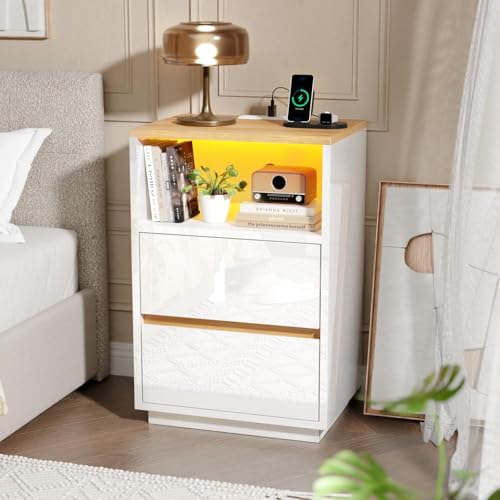 LEADZM Table de Chevet avec lumières LED avec Station de Charge et Ports USB,Table d'appoint, Commode de Nuit, 40 x 30 x 60cm, Blanc Brillant (1, Blanc)