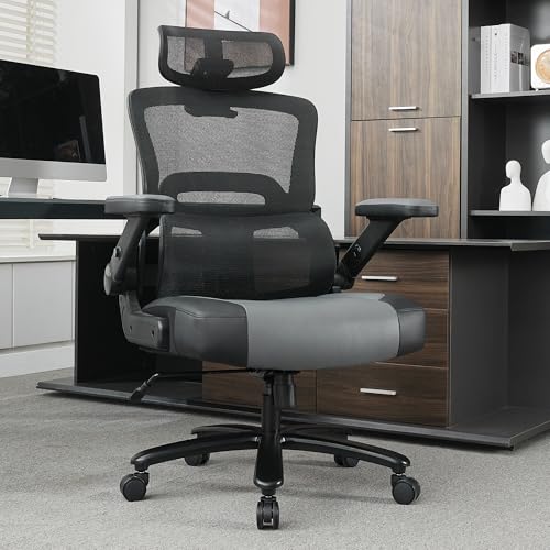 BOWTHY 500lbs Big and Tall Office Chair,Large Heavy Duty Executive Computer Chair with 5D Flip Arms,Ergonomic Mesh High Back Desk Chair with Adjustable Lumbar Support 3D Headrest,Thick Spring Cushion
