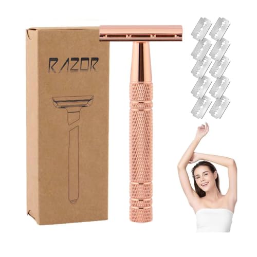LBOYLOVE Double Edge Safety Razor Single Blade Razors for Women with 10 Platinum Coated Safety Razor Blades 1 Blade Razors Anti-slip Handle Metal Material Reusable (Rose Gold)