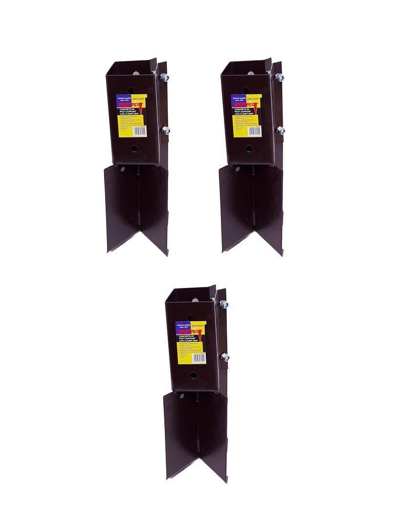 3 x Fence Post Holder 75mm posts Support Concrete In Shoe Anchor Clamp Grip Brown for 75mm x 75mm posts (3") Eliza Tinsley Swiftpost, Pack of 3