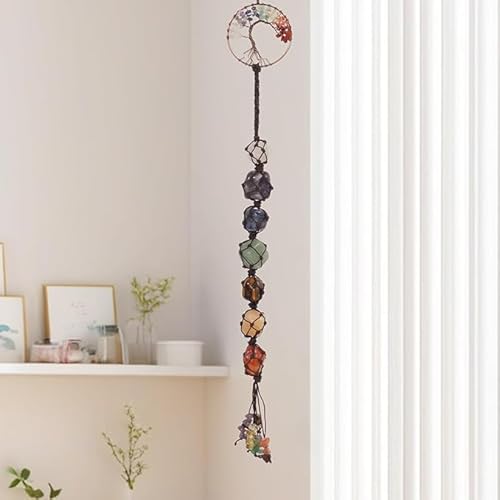 Tree of Life Chakra Stones Healing Crystals Feng Shui Hanging Ornament 7 Chakra Wall Ornaments Meditation Hanging Car Ornament Window Ornament for Home Decor Christmas Tree Decor (7 Chakra Stones)