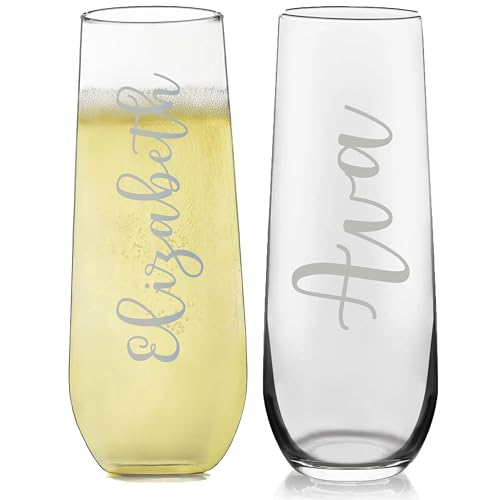 Personalized Champagne Stemless Flute Glass 8.5-ounce Custom Name Wedding Birthday Baby Shower Glass