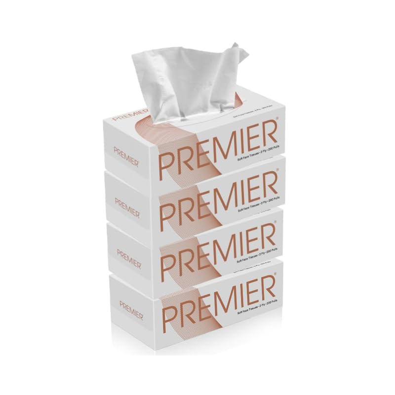 Image of Premier Box Tissue Paper 2 Ply | 800 Pulls, 1600 Sheets | 200 pulls x 4 Packs | Super Absorbent Soft Facial Tissue Box | Suitable for Home, Office, Travelling | Car Tissue Box - White