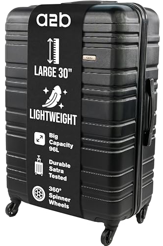 A2B 30" Large Light Weight Hard Shell Black Suitcase - Luggage with 4 Spinner Wheels, Durable ABS Travel Cases for Holiday, Stress Tested Zippers, Ideal for All Travel (Black, Large)