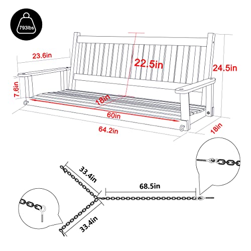 Mupater Outdoor Patio Hanging Wooden Porch Swing 5Ft With Chains, 3-Person Heavy Duty Swing Bench For Garden And Backyard, White #TOP6