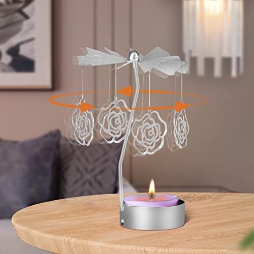 ALIOBC 2 Pcs Metal Rotating Tea Light Candle Holder Silver DIY Spinning Tealight Holder for Home Festival Decoration+12pcs Scented Tealight Candles For Mom Gifts