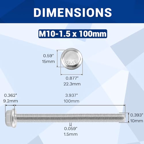 Image of M10-1.5 x 100mm Serrated Flange Hex Bolts + Flange Nut + Flat Washer + Lock Washer Combo Pack, 304 Stainless Steel 18-8, for Automotive & Machinery, 6 Sets