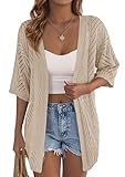 PRETTYGARDEN Women's Lightweight Summer Cardigans 2026 Short Sleeve Knit Crochet Coverups Spring Boho Beach Vacation Clothes (Light Khaki,Medium)