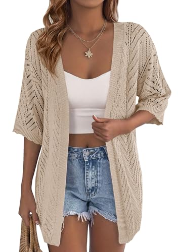 PRETTYGARDEN Women Lightweight Summer Short Sleeve Cardigan, Light Khaki,M