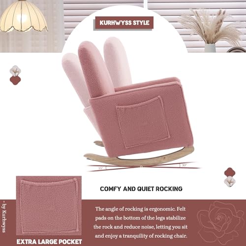 Modern Rocking Chair Nursery, Comfy Glider Nursery Chair with Foot Rest, Upholstered Rocker with Pocket, Accent Reading Armchair with Solid Wood Base for Living Room, Bedroom, Lounge Room (Pink)