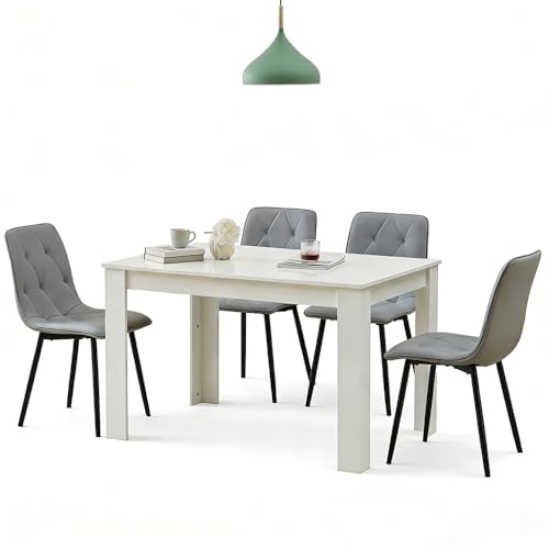 Homullel 5 Piece Dining Room Table and Chairs Set for Dining Room, Modern 120cm White High Gloss Dining Table with 4 Grey PU Leather Chairs for Family Dinner Set Space Saving