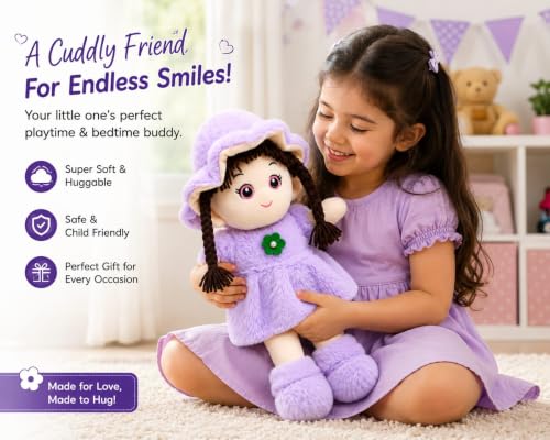 Image of Cute Doll Soft Toy for Girls 40CM | Purple Plush Doll Teddy for Kids | Ultra Soft Stuffed Baby Doll Toy | Huggable Washable Plush Toy Gift for Boys & Girls