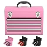 Kieperi 3 Drawers small Tool Box,Portable 3 Drawer Steel Tool Box with Locking System toolbox organization with Liner for Tools Storage (Pink)