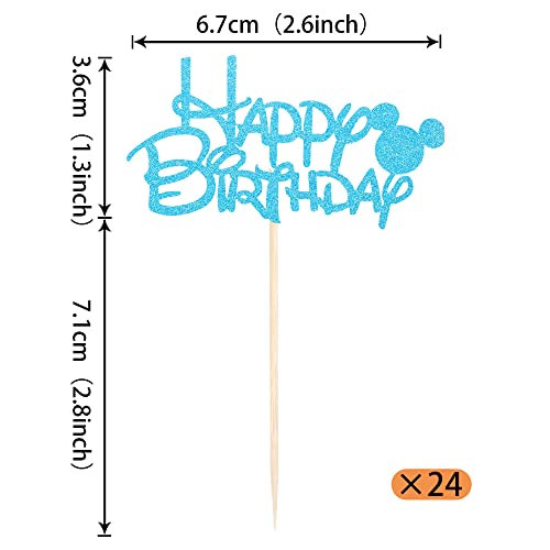 24 Pack Happy Birthday Cupcake Toppers Glitter Mini Mouse Inspired Birthday Cupcake Food Picks Baby Shower Kids Boys Birthday Party Cake Decorations Supplies Blue #TOP1