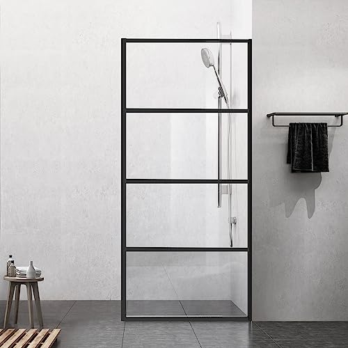 Shower Door Single Panel H-Type, Framed Tempered Glass Shower Door 34W*76L Inch For Walk-In Bathroom, 5/16” (8Mm) Thick Clear Transparent Glass Bathtub Shower Door Matte Black Finish #TOP12