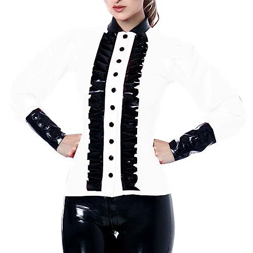 Glossy PVC Leather Color Block Slim Shirt Frills Long Sleeve Womens Turn-Down Collar Blouse