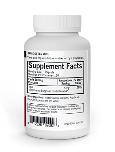 Kirkman - Iron Ferrochel 5Mg - 120 Capsules - Aids Hemoglobin & Myoglobin Production - Supports Red Blood Cells Formation - Hypoallergenic #TOP1