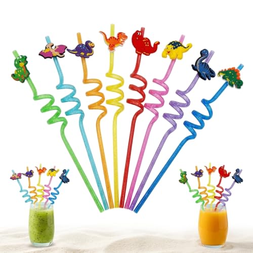 8 Pièces Pailles Dinosaures pour Enfants Paille Enfant Réutilisable et Décorative pour Fête d'Anniversaire Paille en Plastique Alimentaire sans BPA, Facile à Nettoyer avec Brosse, Lot de Pailles Color