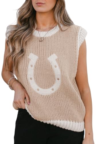Apvirdy Horseshoe Color Contrast Trim Sweater Vest for Women Western Crewneck Sweater Lightweight Knitted Sweaters Top