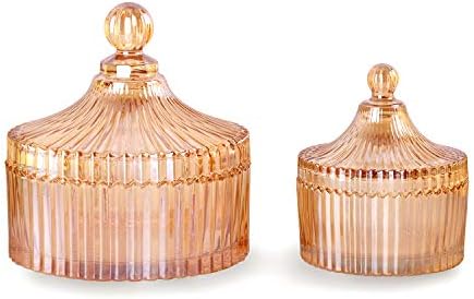 R FLORY Glass Jars Bathroom Organizer Qtip Holder Vanity Canister Jar Glass Lid Cotton Swabs Container 2 PCS/set (Amber)