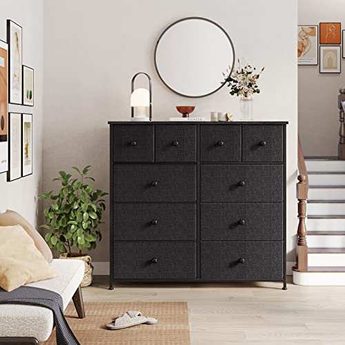 Reahome 10 Drawer Dresser For Bedroom Fabric Storage Tower Wide Black Dresser With Wood Top Sturdy Steel Frame Storage Organizer Unit For Living Room Hallway Entryway Closets Nursery (Black Grey) #TOP1