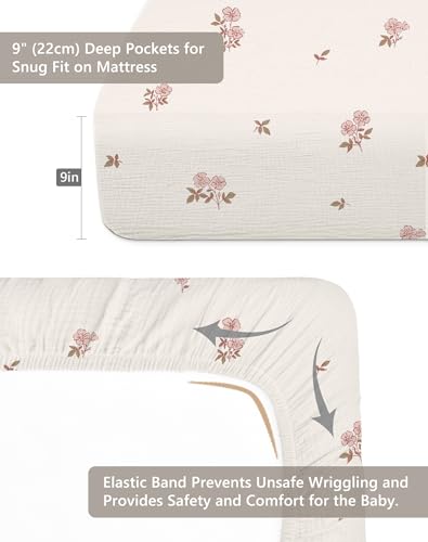 Image of Crib Sheets for Baby Boy Girl 2 Pack, Fitted Crib Mattress Sheet 28 inch x 52 inch, Muslin Toddler Bedding with Neutral Style, Nursery Bedding Essentials (Vintage Blossom & Pink)