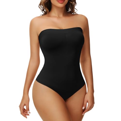 Ellareese Strapless Shapewear Bodysuit for Women Thong Body Shaper Under Dress Tummy Control Bodysuit Tank Top Butt Lifter