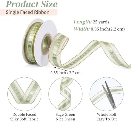25 Yards Sage Green Ribbon for Flower Bouquet 1in Light Green Sheer Ribbon — 사진 3