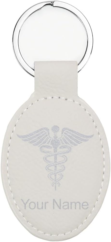 LaserGram Oval Keychain, Caduceus Medical Symbol, Personalized Engraving Included (White with Silver)
