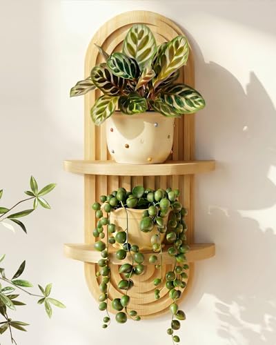 Bamworld Boho Wall Decor Plant Wall Shelf Mid Century Modern Decor Hanging 22in Plant Shelf 2-Tier Wooden Floating Shelves Natural