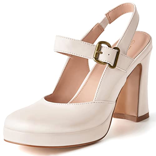 Off White Shoes,Heel Loafers For Women Mary Janes Shoes Round Toe Platform Ankle Strap Chunky Heel Black Uniform Buckle Dress Shoes Ladies Party Wedding Vintage White,10 #TOP19
