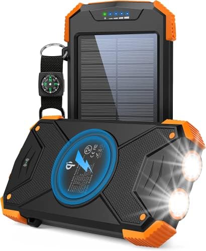 LEO WAY Solar Power Bank, Qi Wireless Portable Charger 10,000mAh, External Battery Pack with Type C Input/Output,Dual Super Bright Flashlight,Compass Carabiner, Solar Panel Charging for Phone(Orange)