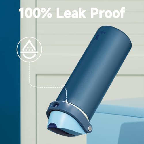 Image of Meoky 24 oz Insulated Water Bottle: Stainless Steel for Travel Gym, Denim | 2-in-1 Straw and Spout Lid, Leak Proof, Cold for 24 Hours, Fits in Car Cup Holder, BPA-Free