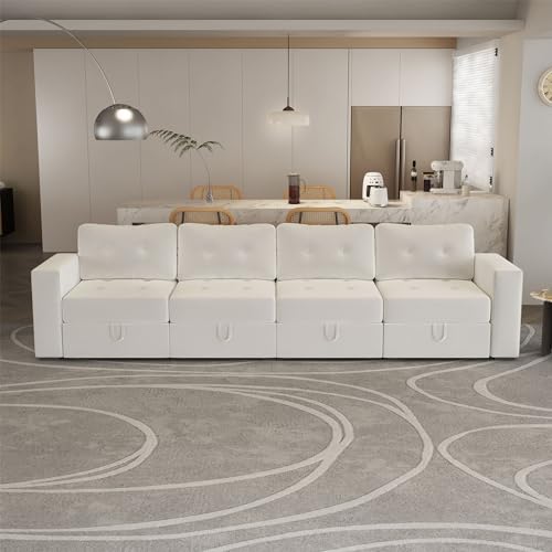 Image of QHITTY Modular Sofa, 4 Seater Accent Couch with Hidden Extra Large Storage Space for Living Room, Beige White