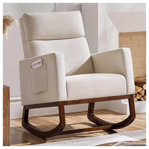Yaheetech Rocking Chair, Modern Glider Chair, Recliner Armchair with Wood Legs and Side Pocket, Nursery Rocking Accent Chair with High Back for Living Room Bedroom, Beige